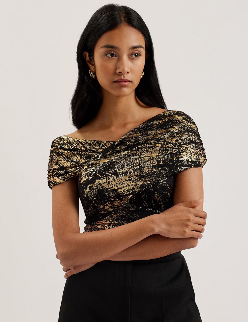 Ted Baker TALULAR - Bardot Foil Printed Mesh Topjes Dames Zwart | Belgium  704265-QDZ