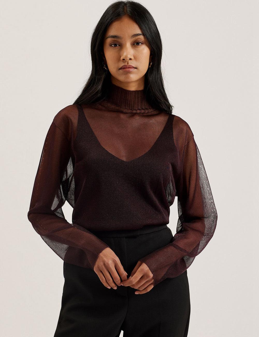 Ted Baker TAYLAW - Shimmer Sheer Knit Funnel Neck Top Jumpers Dames Rood | Belgium  147628-IGJ