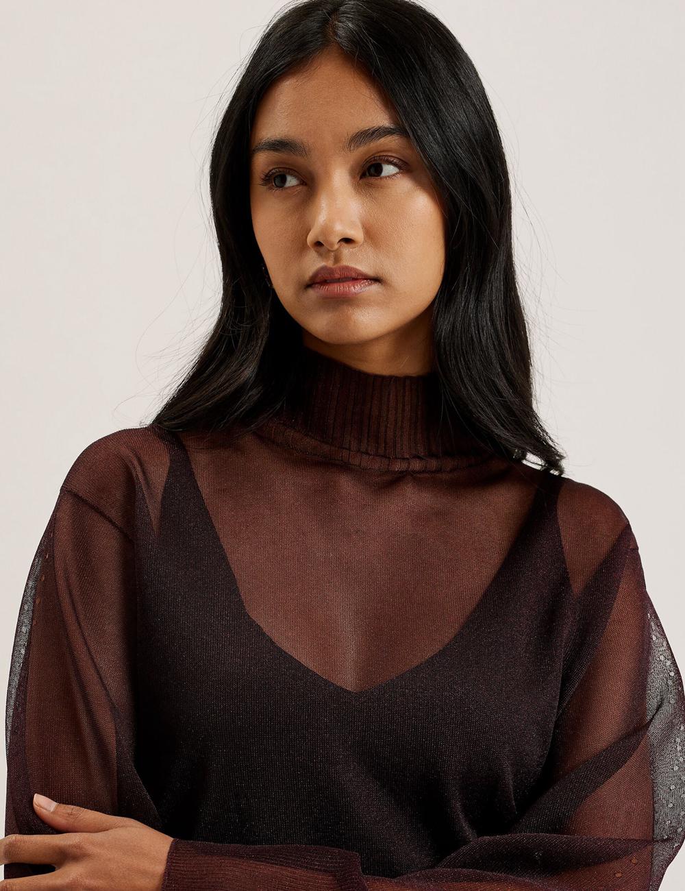 Ted Baker TAYLAW - Shimmer Sheer Knit Funnel Neck Top Jumpers Dames Rood | Belgium  147628-IGJ