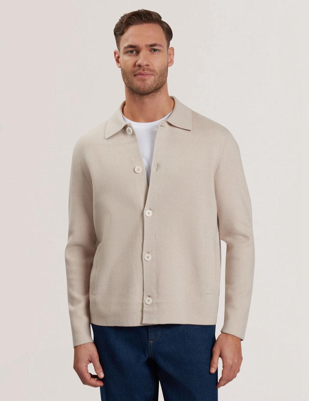 Ted Baker THIMON - Herringbone Knit Button-Up Jassen Heren Taupe | Belgium  215684-YWO