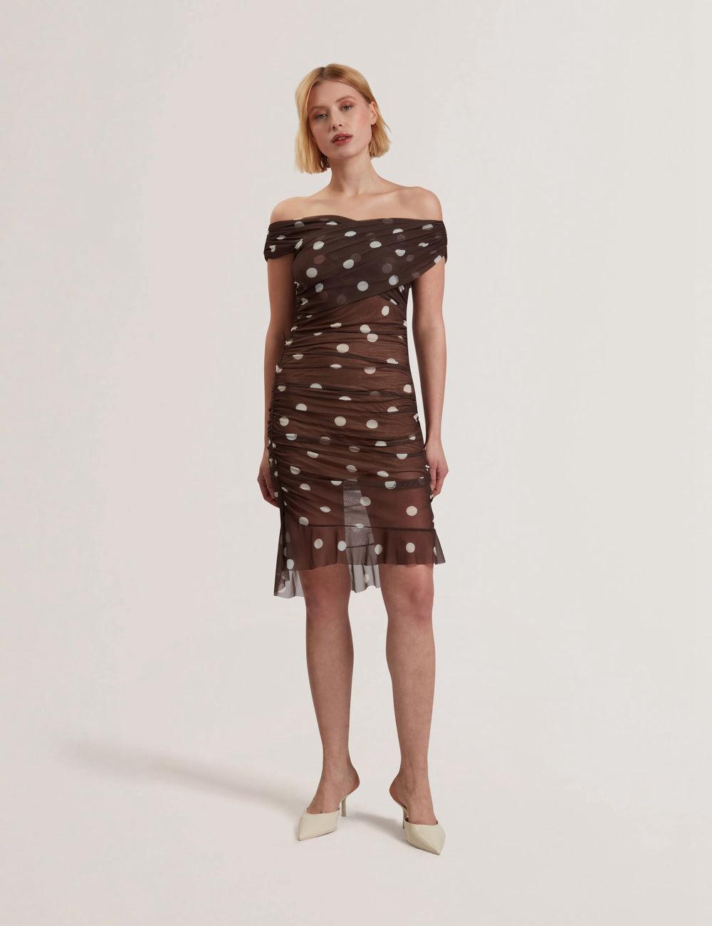 Ted Baker TILDAHH - Off-Shoulder Polka Dot Mesh Mini-jurk Dames Bruin | Belgium  482731-BLF