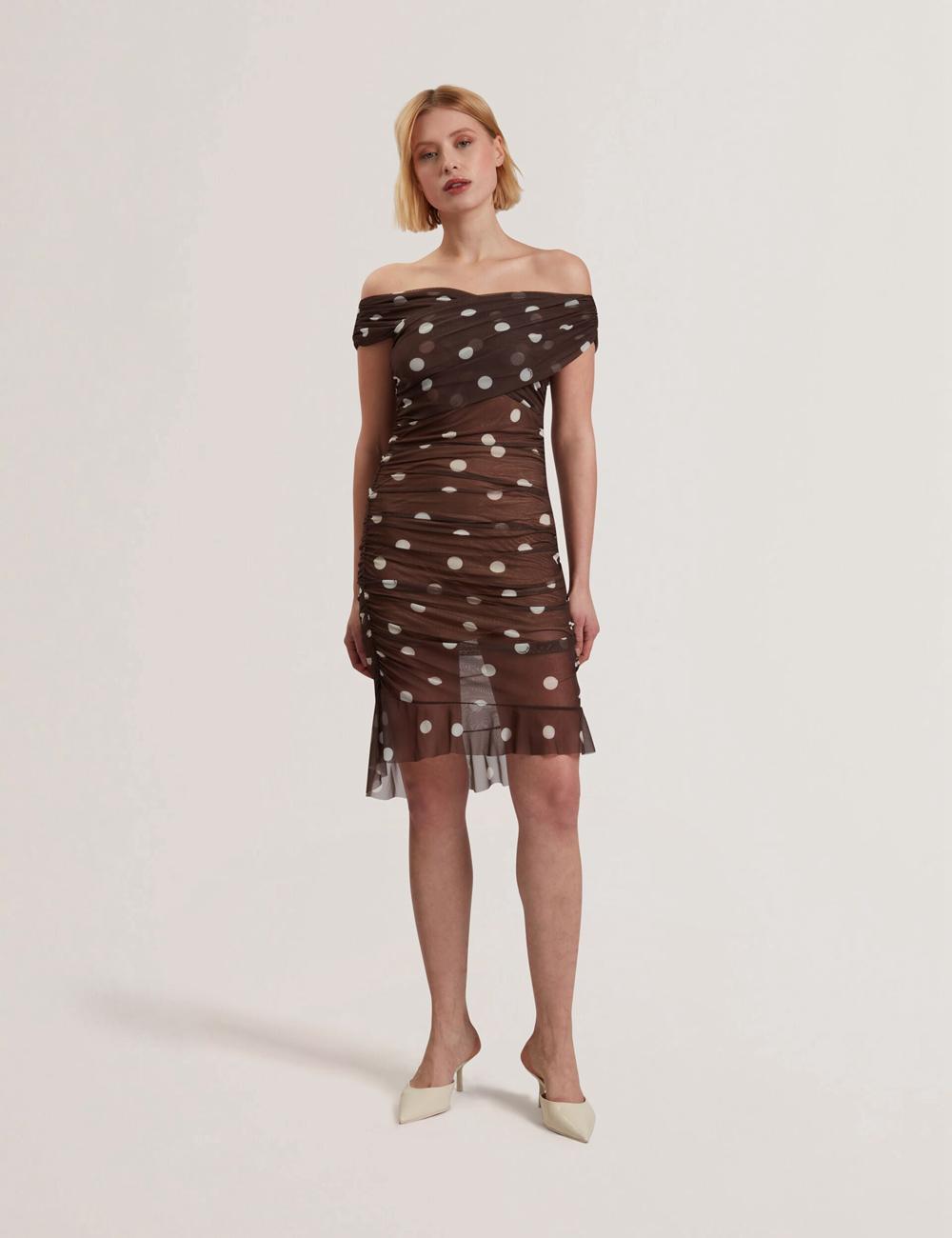 Ted Baker TILDAHH - Off-Shoulder Polka Dot Mesh Mini-jurk Dames Bruin | Belgium  482731-BLF