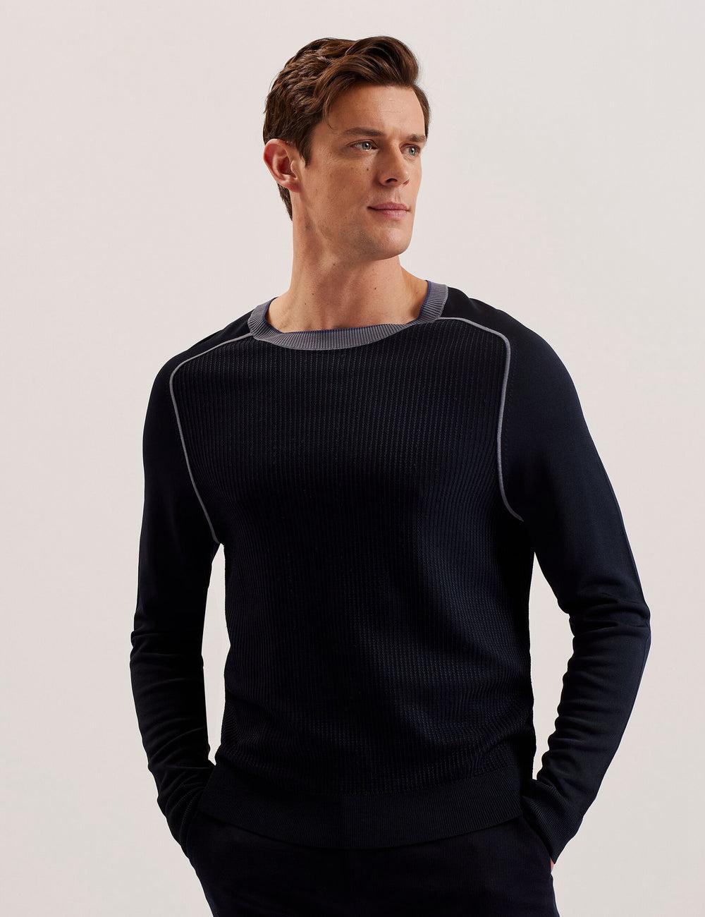 Ted Baker TOREZ - Long Sleeve Textured Knit Top Jumpers Heren Donkerblauw | Belgium  860592-NSY