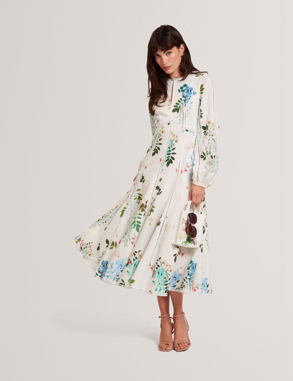 Ted Baker UTALA - Floral Crochet Trim Linen Midi-jurk Dames Wit | Belgium  597162-LED