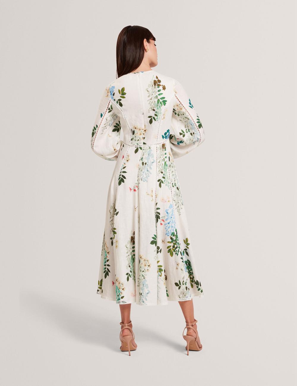 Ted Baker UTALA - Floral Crochet Trim Linen Midi-jurk Dames Wit | Belgium  597162-LED