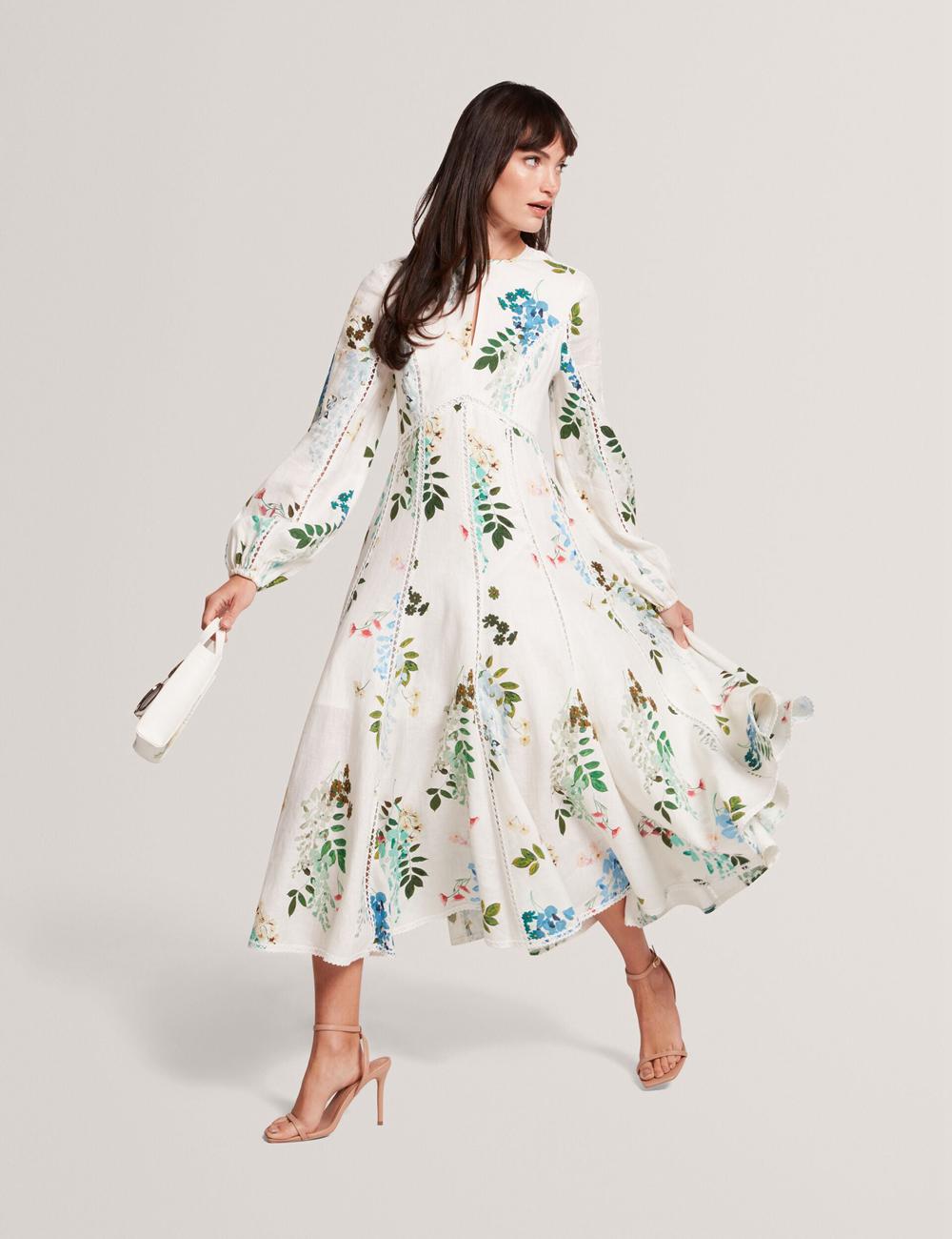 Ted Baker UTALA - Floral Crochet Trim Linen Midi-jurk Dames Wit | Belgium  597162-LED