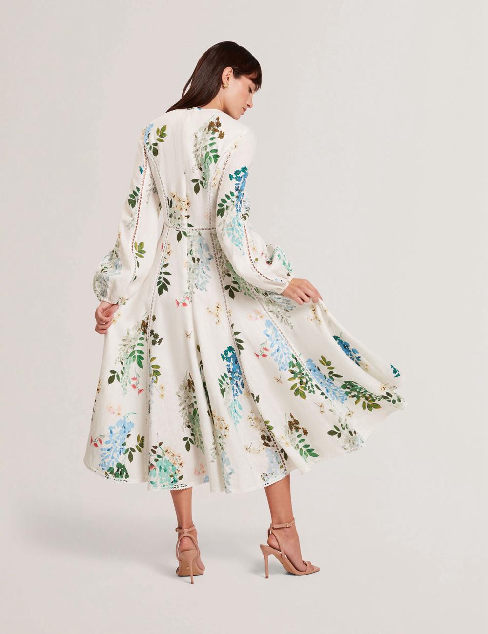 Ted Baker UTALA - Floral Crochet Trim Linen Midi-jurk Dames Wit | Belgium  597162-LED