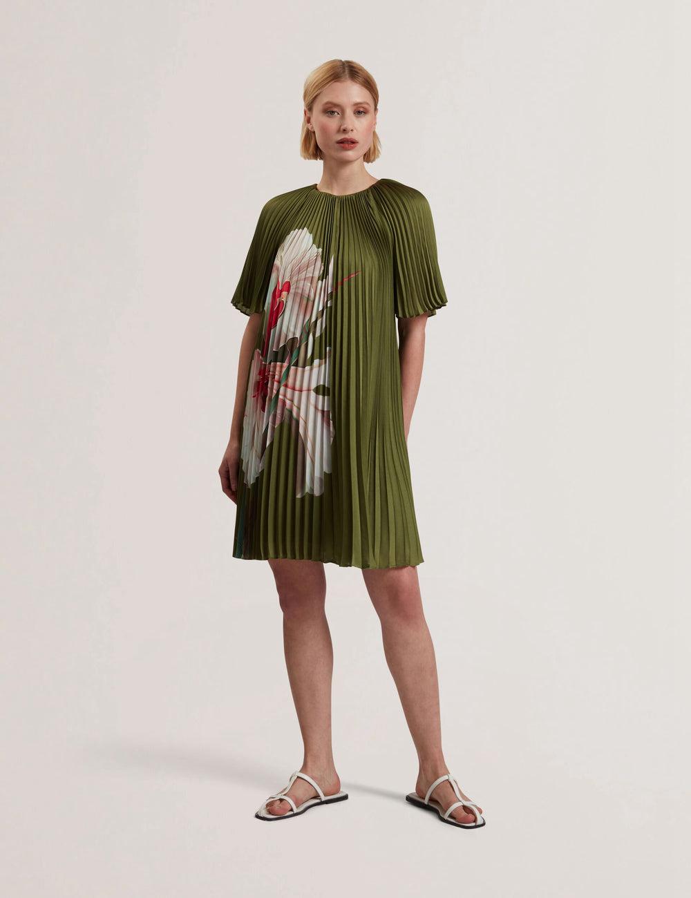 Ted Baker VINLAA - Floral Graphic Pleated Satin Mini-jurk Dames Groen | Belgium  329405-QOH