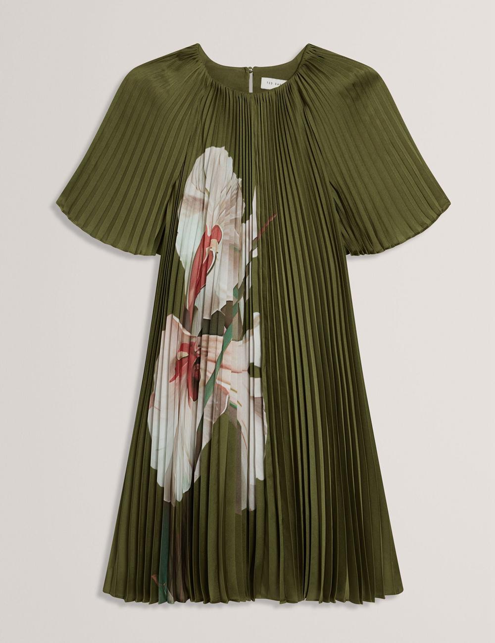 Ted Baker VINLAA - Floral Graphic Pleated Satin Mini-jurk Dames Groen | Belgium  329405-QOH