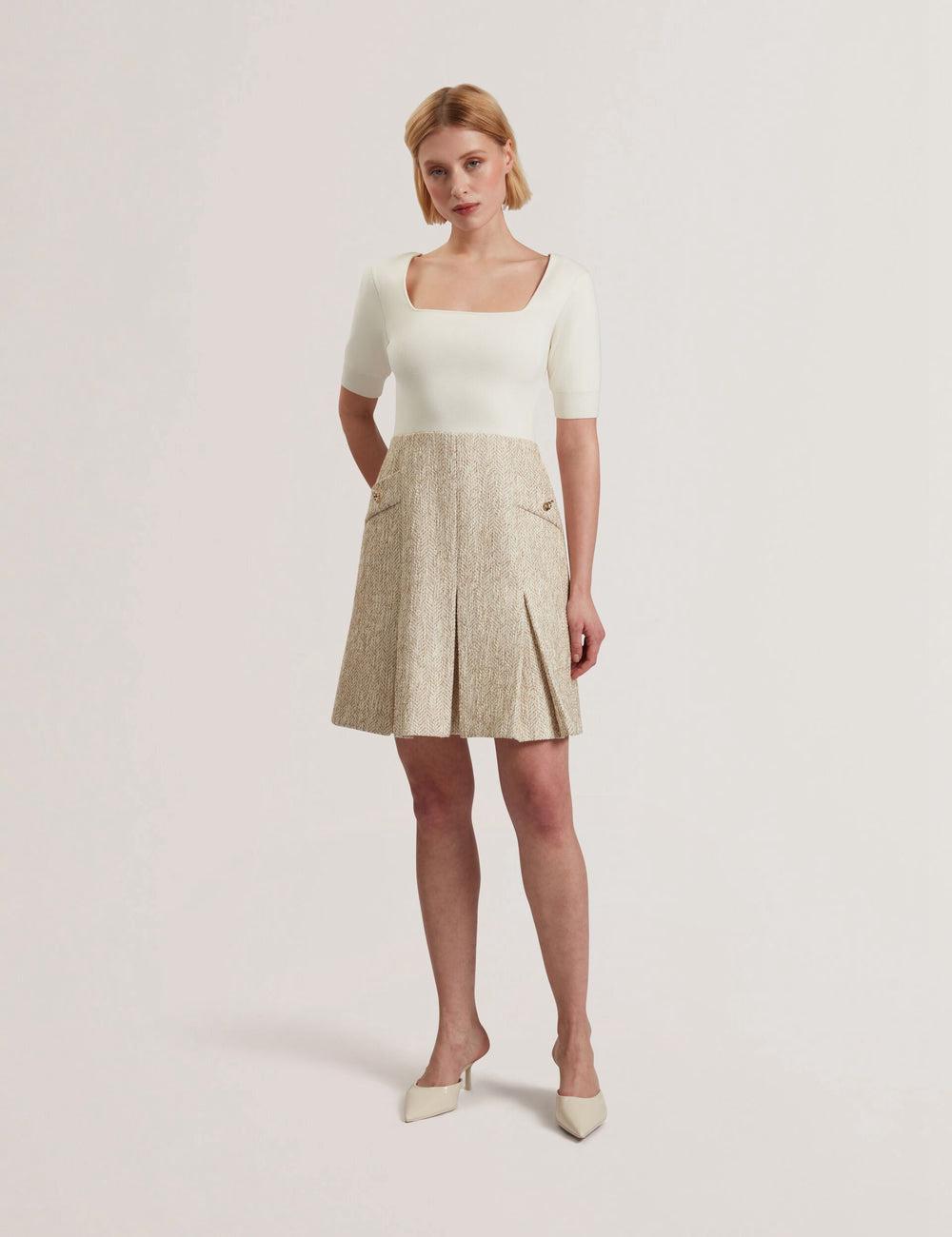 Ted Baker VULPAD - Pleated Boucle With Knit Bodice Mini-jurk Dames Ivory | Belgium  186035-CAT