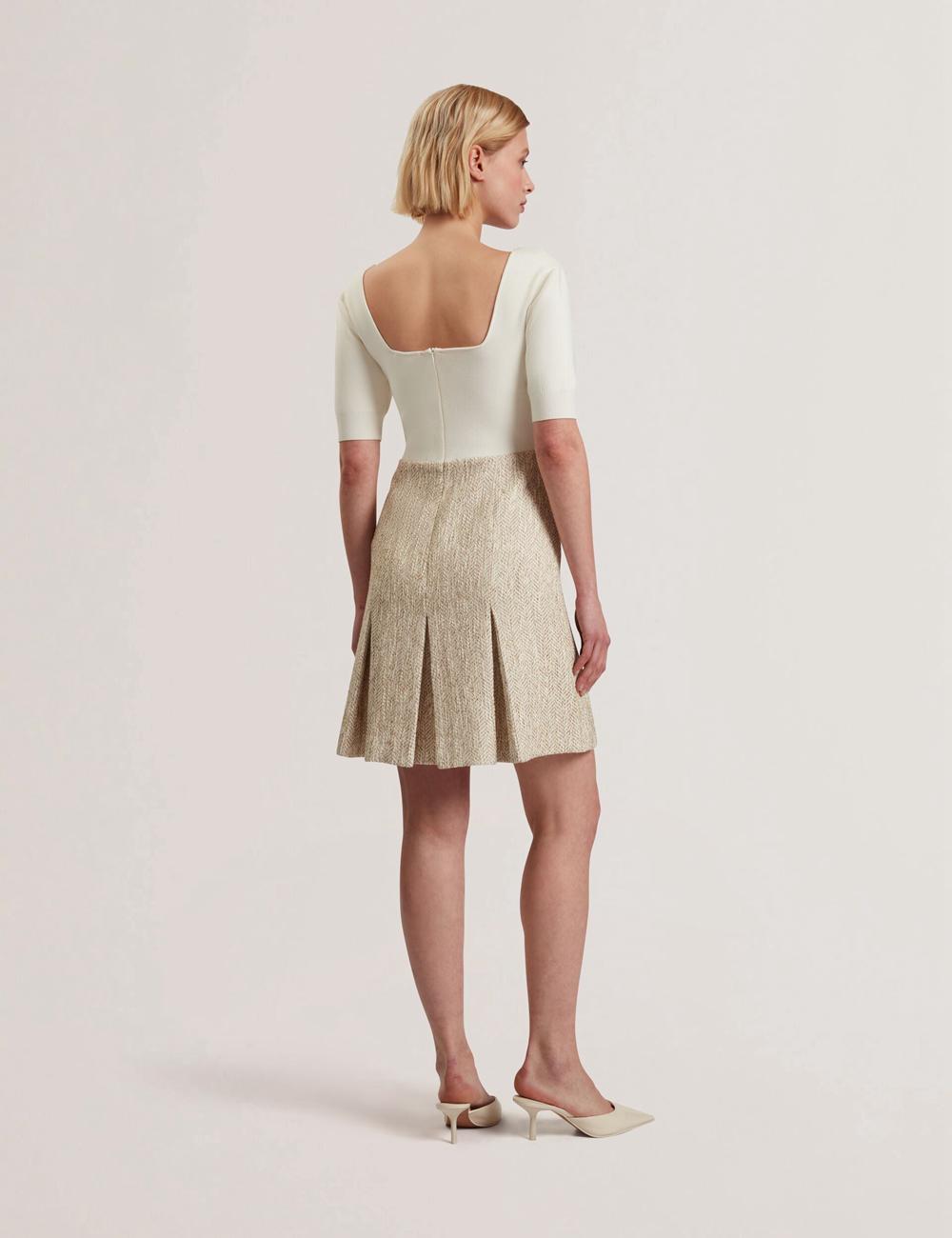 Ted Baker VULPAD - Pleated Boucle With Knit Bodice Mini-jurk Dames Ivory | Belgium  186035-CAT