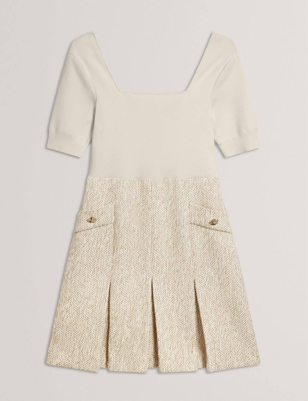 Ted Baker VULPAD - Pleated Boucle With Knit Bodice Mini-jurk Dames Ivory | Belgium  186035-CAT
