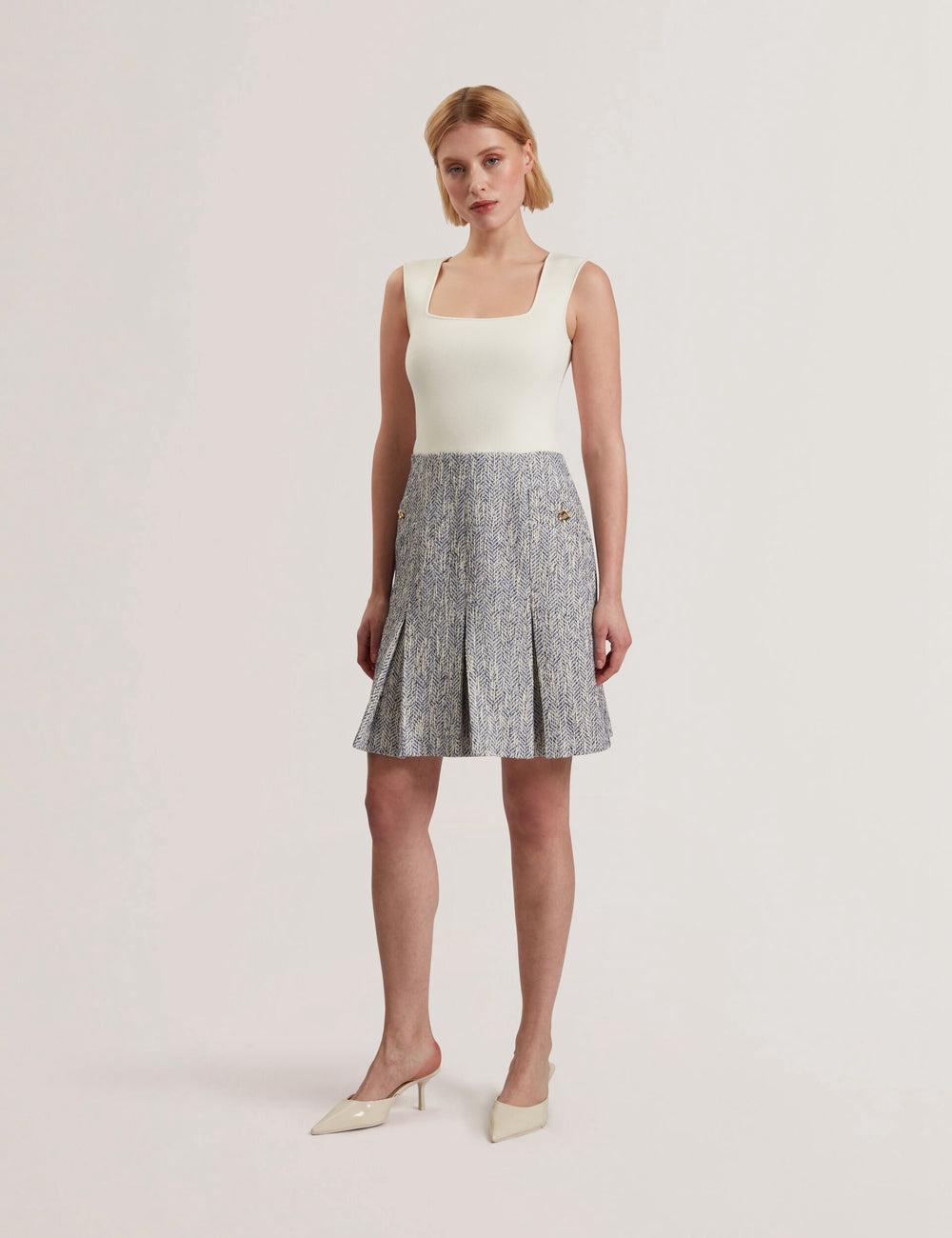 Ted Baker VULPAM - Sleeveless Knit Bodice Boucle Mini-jurk Dames Blauw | Belgium  854617-VRA