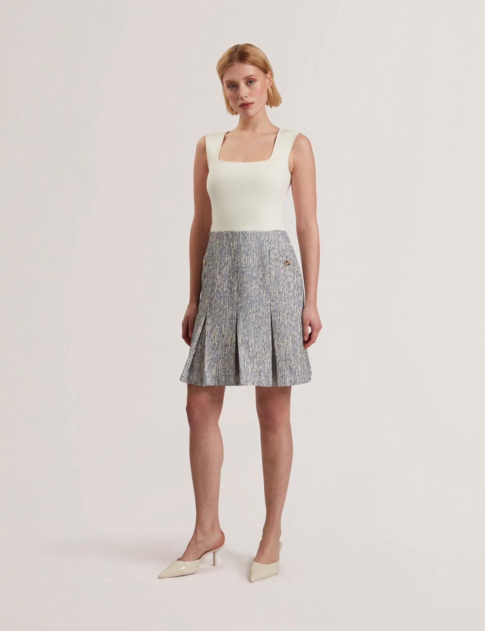 Ted Baker VULPAM - Sleeveless Knit Bodice Boucle Mini-jurk Dames Blauw | Belgium  854617-VRA
