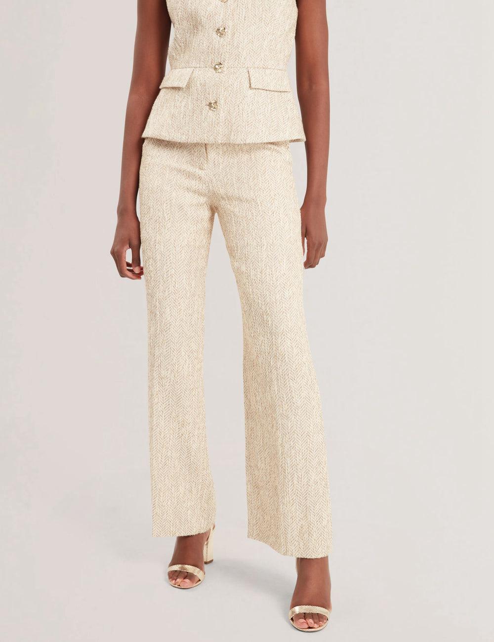 Ted Baker VULPAT - Boucle Herringbone Wide Leg Tailored Broek Dames Ivory | Belgium  749631-WID