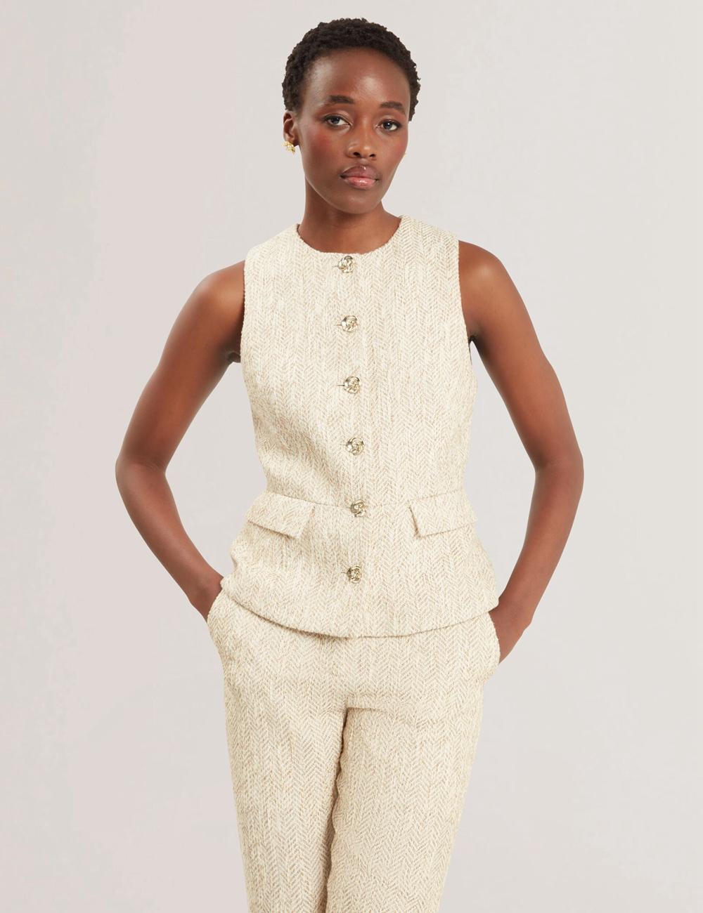 Ted Baker VULPAT - Boucle Herringbone Wide Leg Tailored Broek Dames Ivory | Belgium  749631-WID