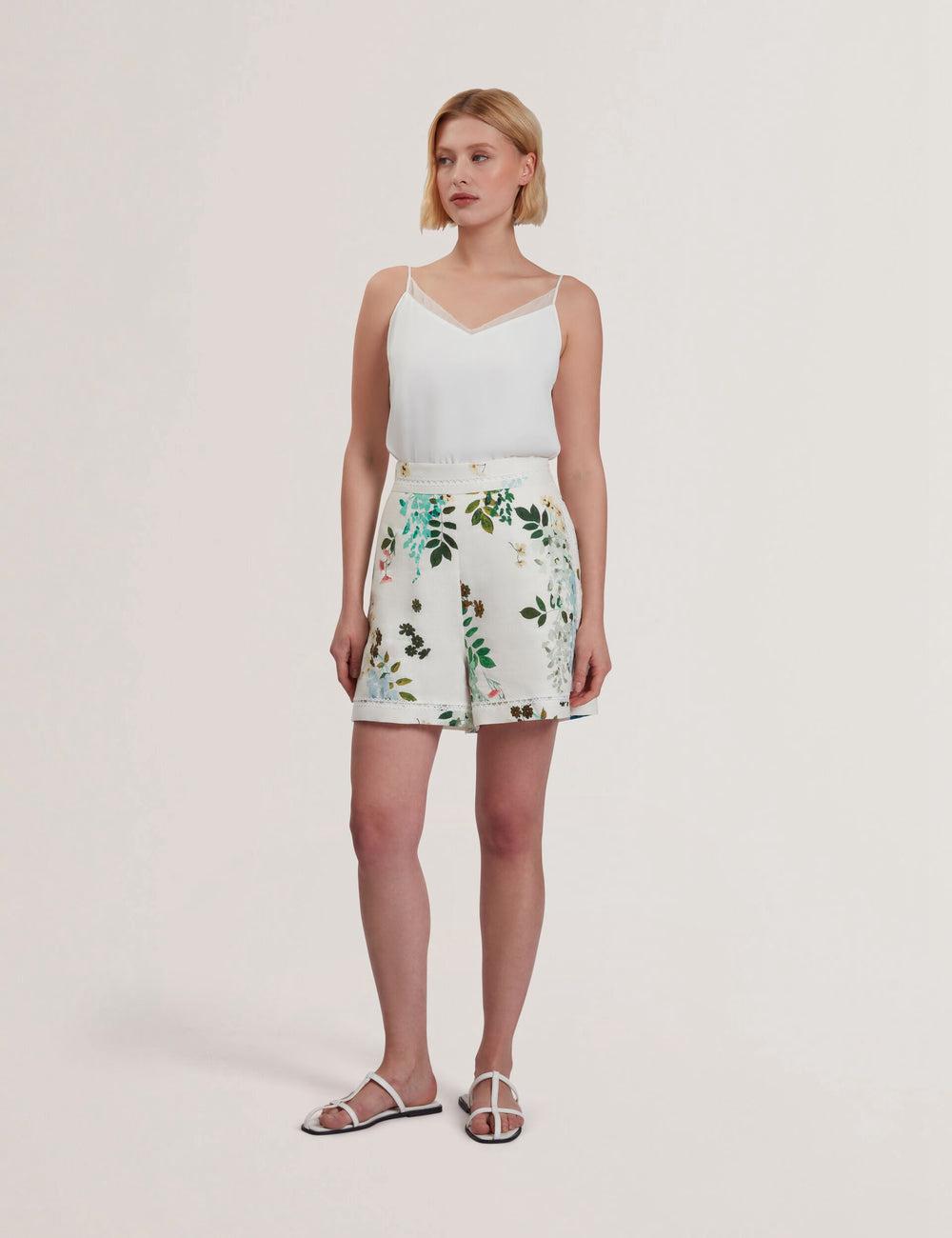 Ted Baker VYLLA - Floral High Waist Linen With Trim Detail Korte Broek Dames Wit | Belgium  257486-SPW
