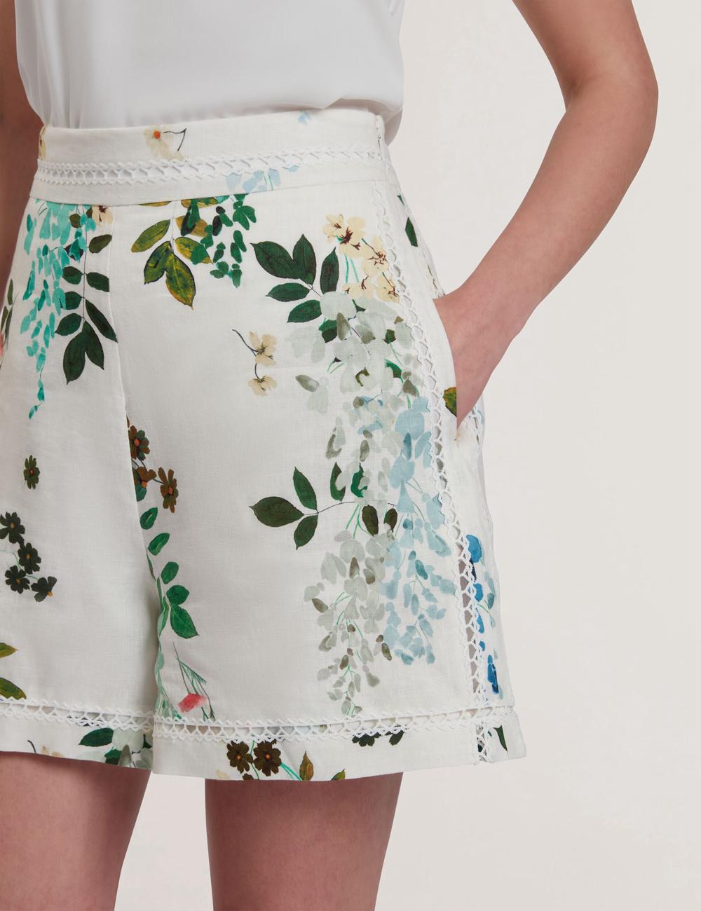 Ted Baker VYLLA - Floral High Waist Linen With Trim Detail Korte Broek Dames Wit | Belgium  257486-SPW