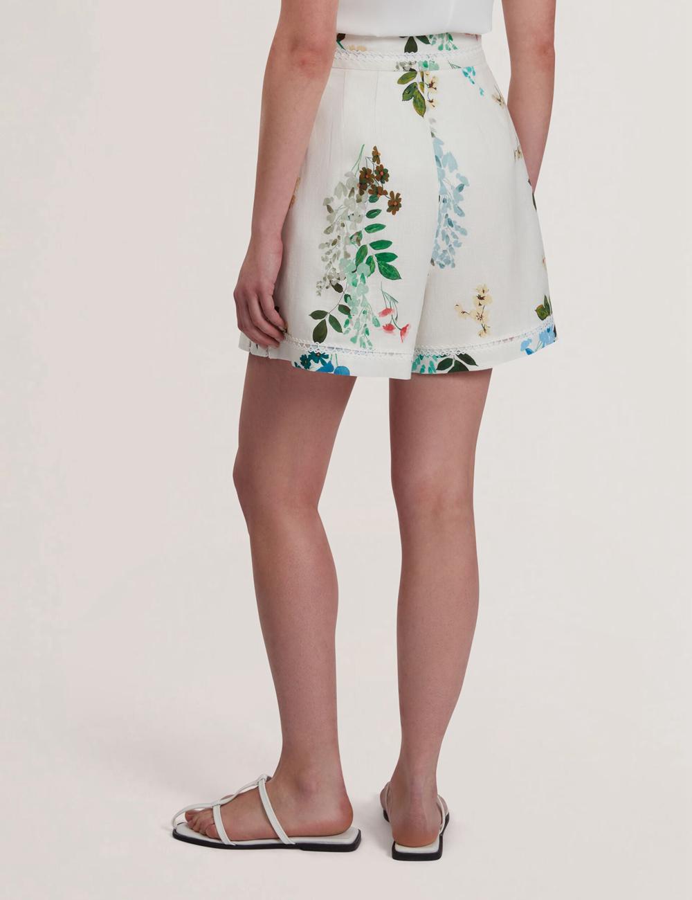 Ted Baker VYLLA - Floral High Waist Linen With Trim Detail Korte Broek Dames Wit | Belgium  257486-SPW