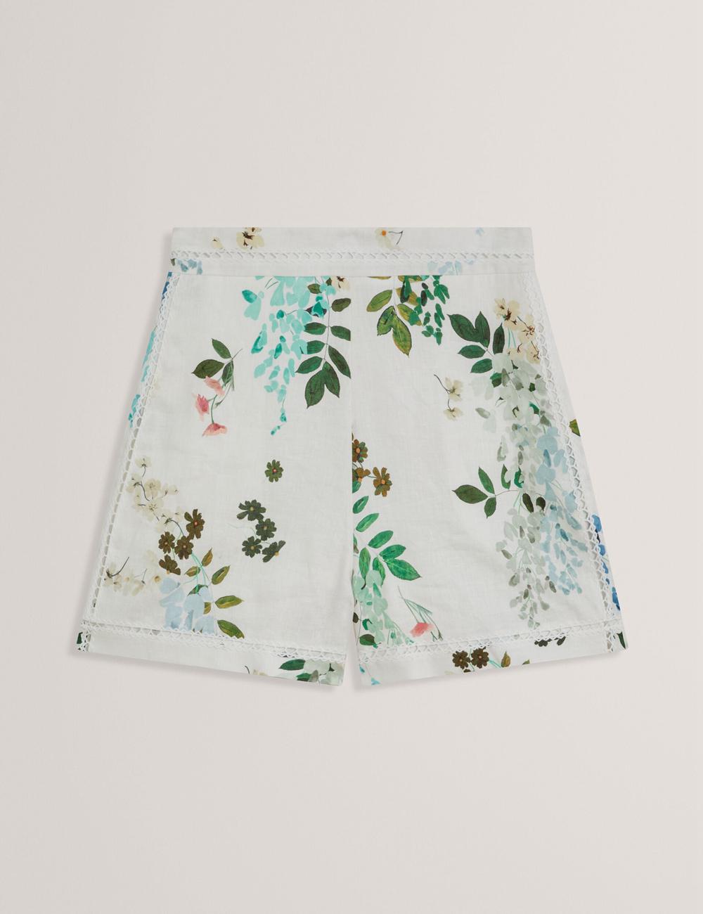 Ted Baker VYLLA - Floral High Waist Linen With Trim Detail Korte Broek Dames Wit | Belgium  257486-SPW