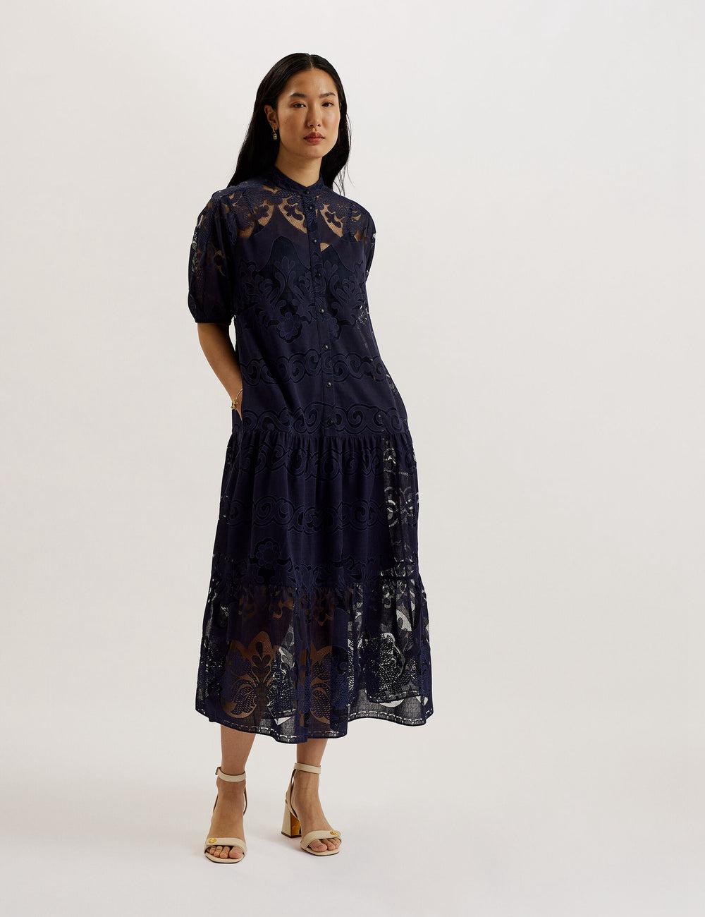 Ted Baker XATIVA - Lace Puff Sleeve Midi Shift Midi-jurk Dames Blauw | Belgium  247095-ZEX