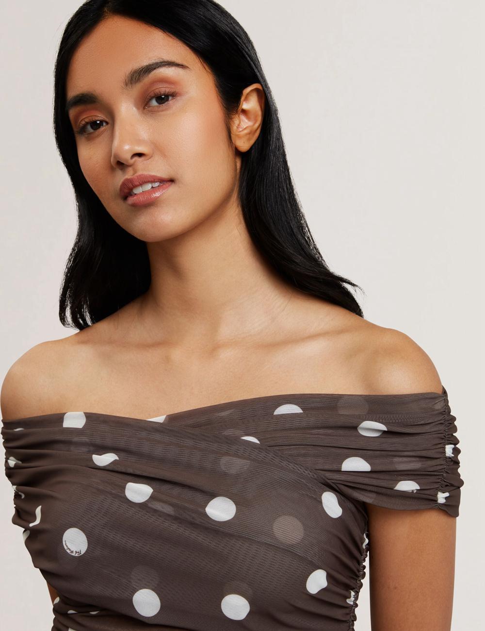 Ted Baker ZAAMO - Off-the-Shoulder Polka Dot Mesh Topjes Dames Bruin | Belgium  629470-QUH
