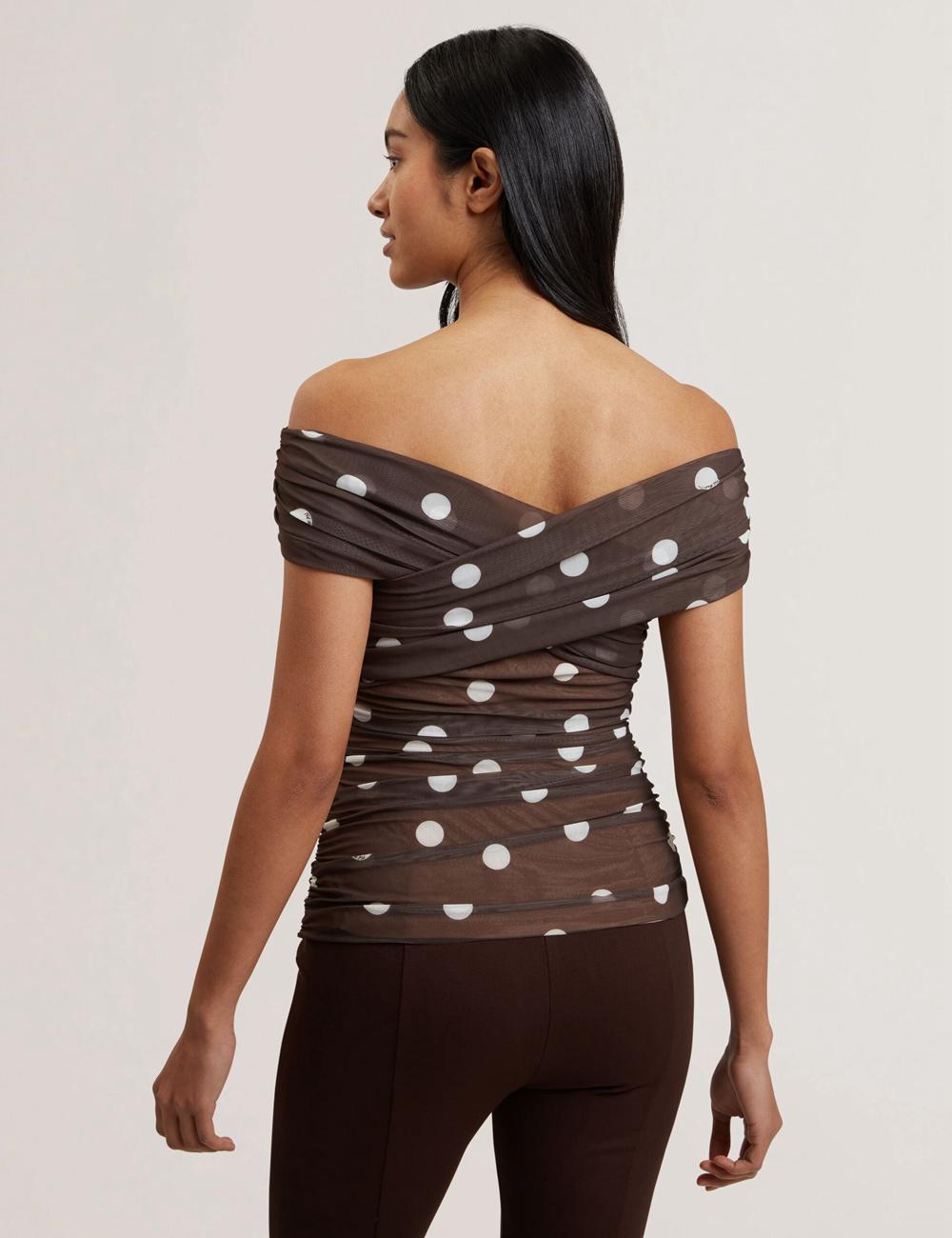 Ted Baker ZAAMO - Off-the-Shoulder Polka Dot Mesh Topjes Dames Bruin | Belgium  629470-QUH
