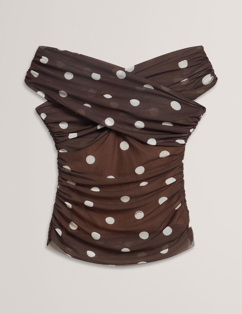 Ted Baker ZAAMO - Off-the-Shoulder Polka Dot Mesh Topjes Dames Bruin | Belgium  629470-QUH
