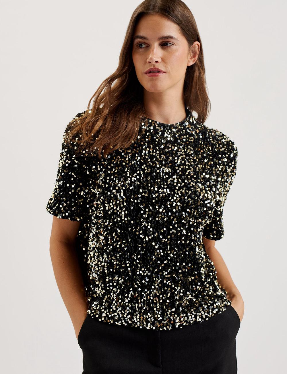 Ted Baker ZARHAAA - Sequined Velvet Short Sleeve Top Overhemd Dames Zwart | Belgium  536129-QHD