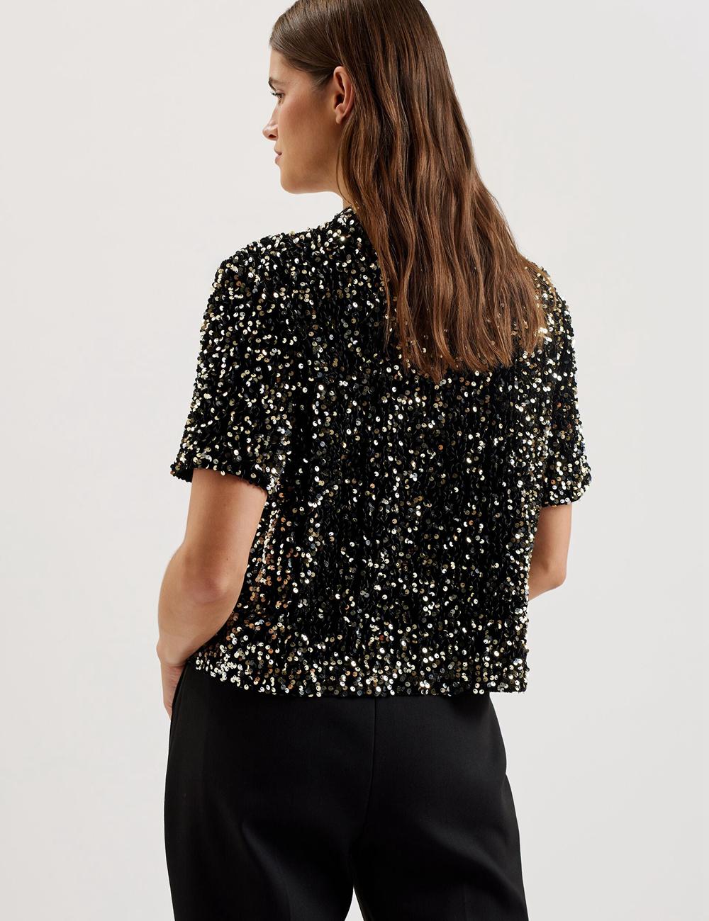 Ted Baker ZARHAAA - Sequined Velvet Short Sleeve Top Overhemd Dames Zwart | Belgium  536129-QHD