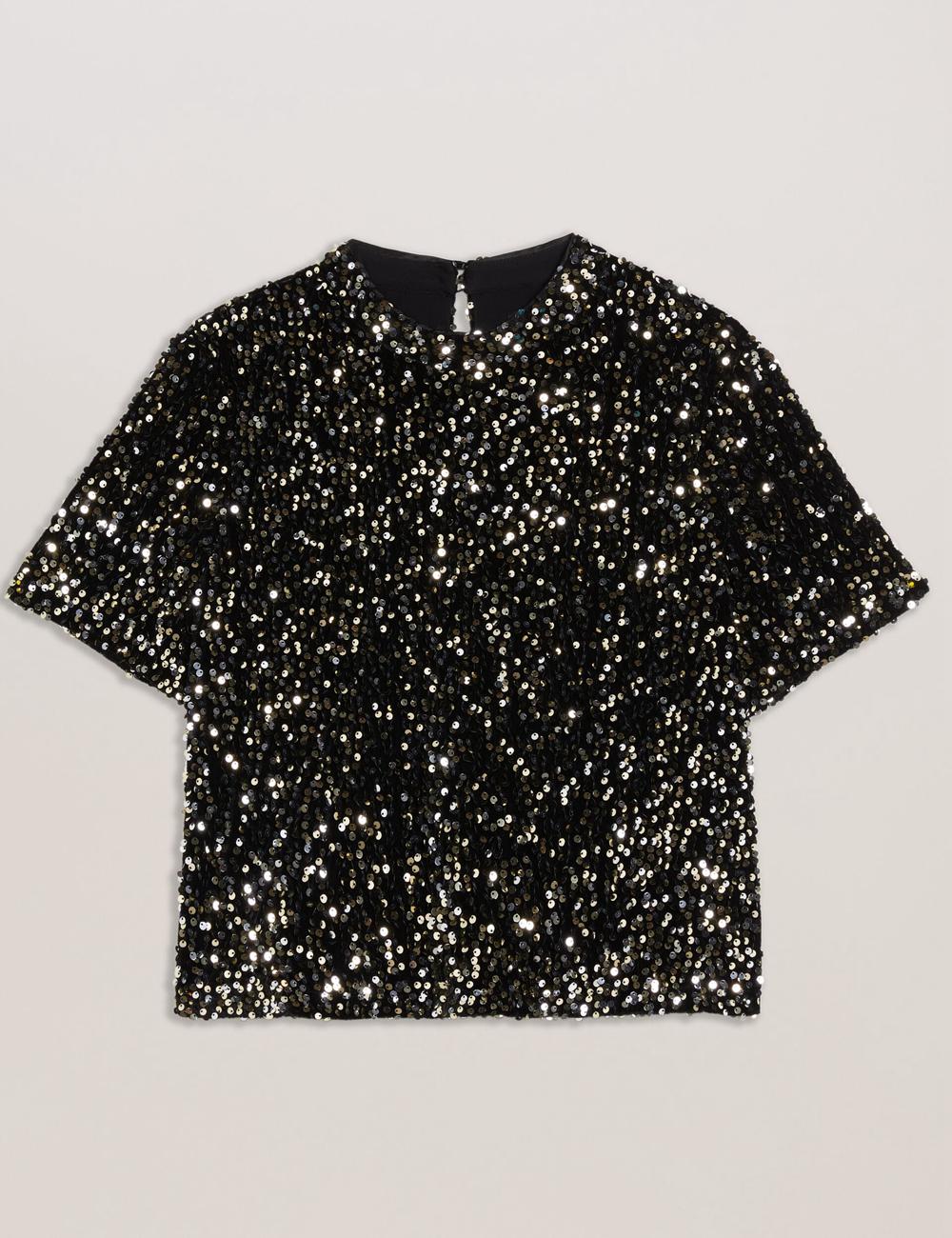 Ted Baker ZARHAAA - Sequined Velvet Short Sleeve Top Overhemd Dames Zwart | Belgium  536129-QHD